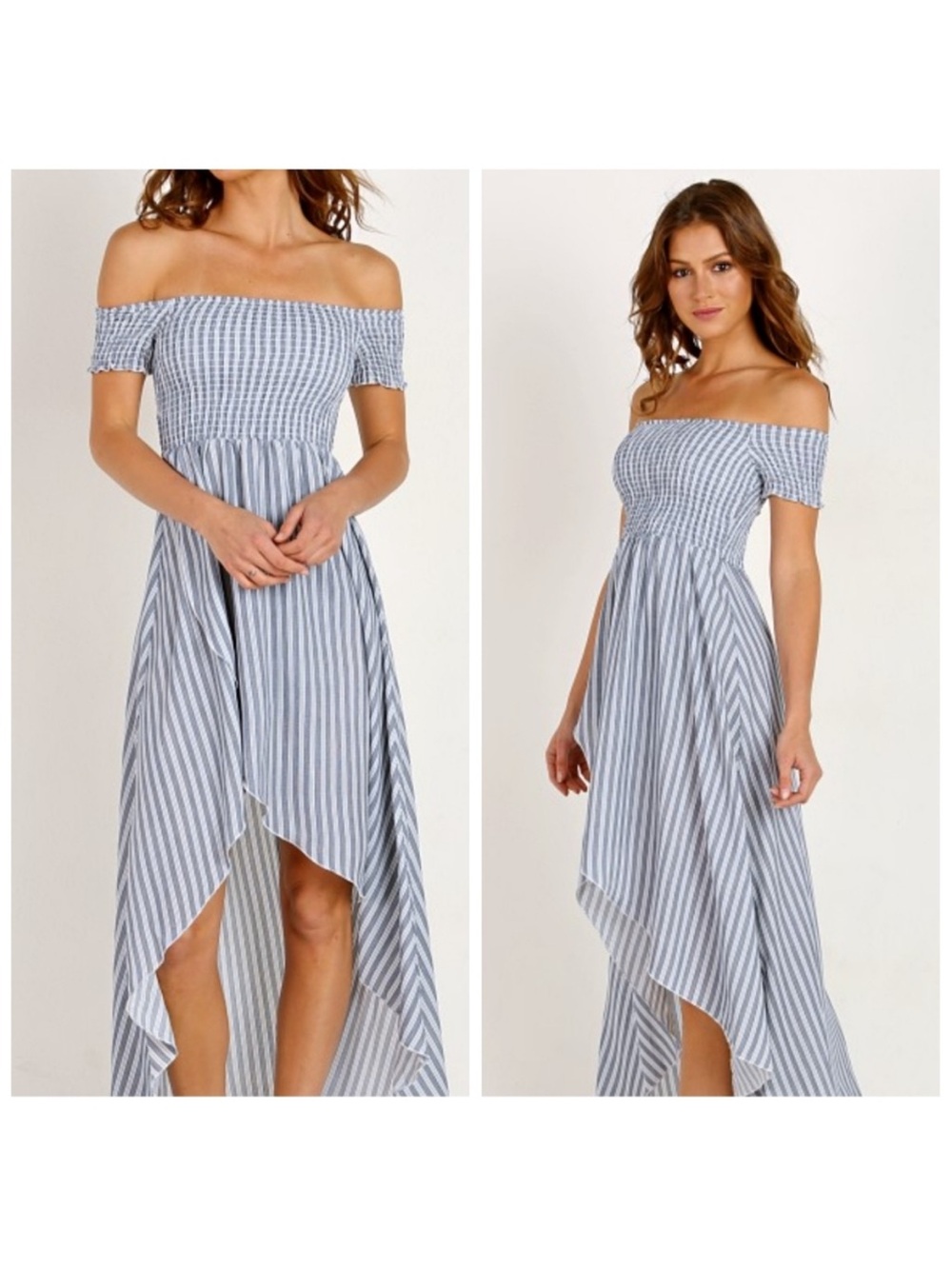 Show Me Your MuMu Blue and White Striped Off-Shoulder High-Low Dress